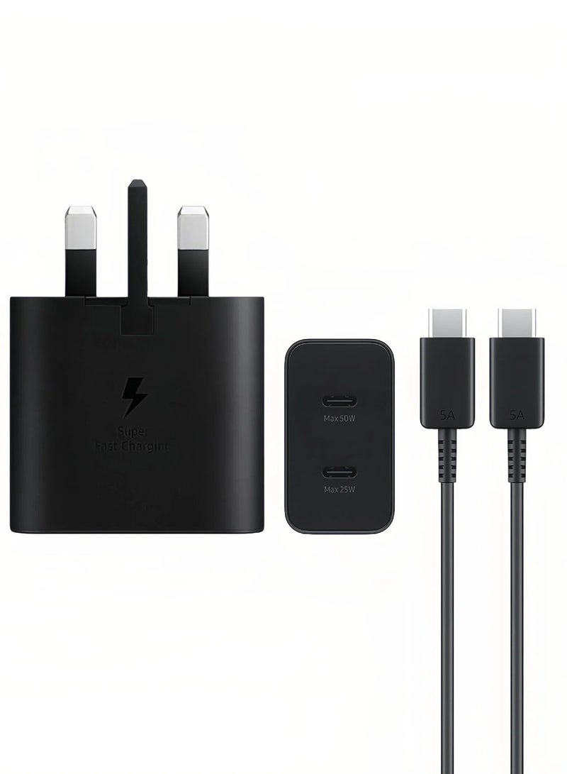متوافق مع محول طاقة سامسونج 50 واط مزدوج مع كابل USB-C، منفذين 5A 1.8 متر، شحن سريع، 3 دبابيس، دعم الأجهزة المتعددة - أسود - Image 5